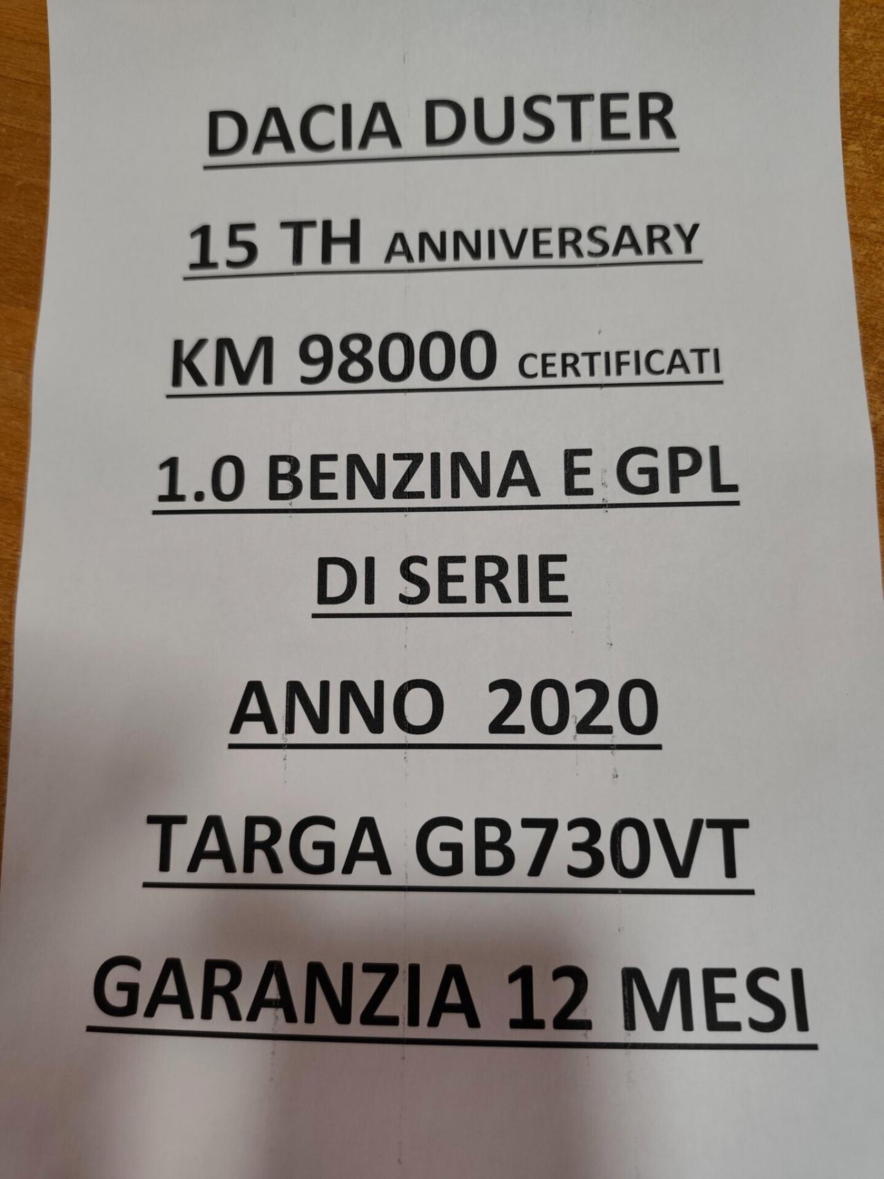 Dacia Duster 1.0 BENZINA E GPL DI SERIE 100 CV 15th Anniversary