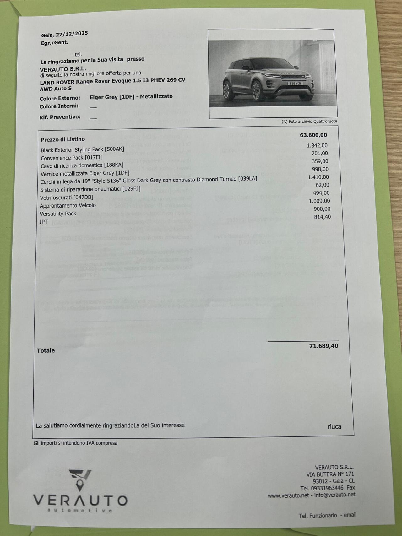 Land Rover Range Rover Evoque 1.5 phev S awd possibilità noleggio no scoring