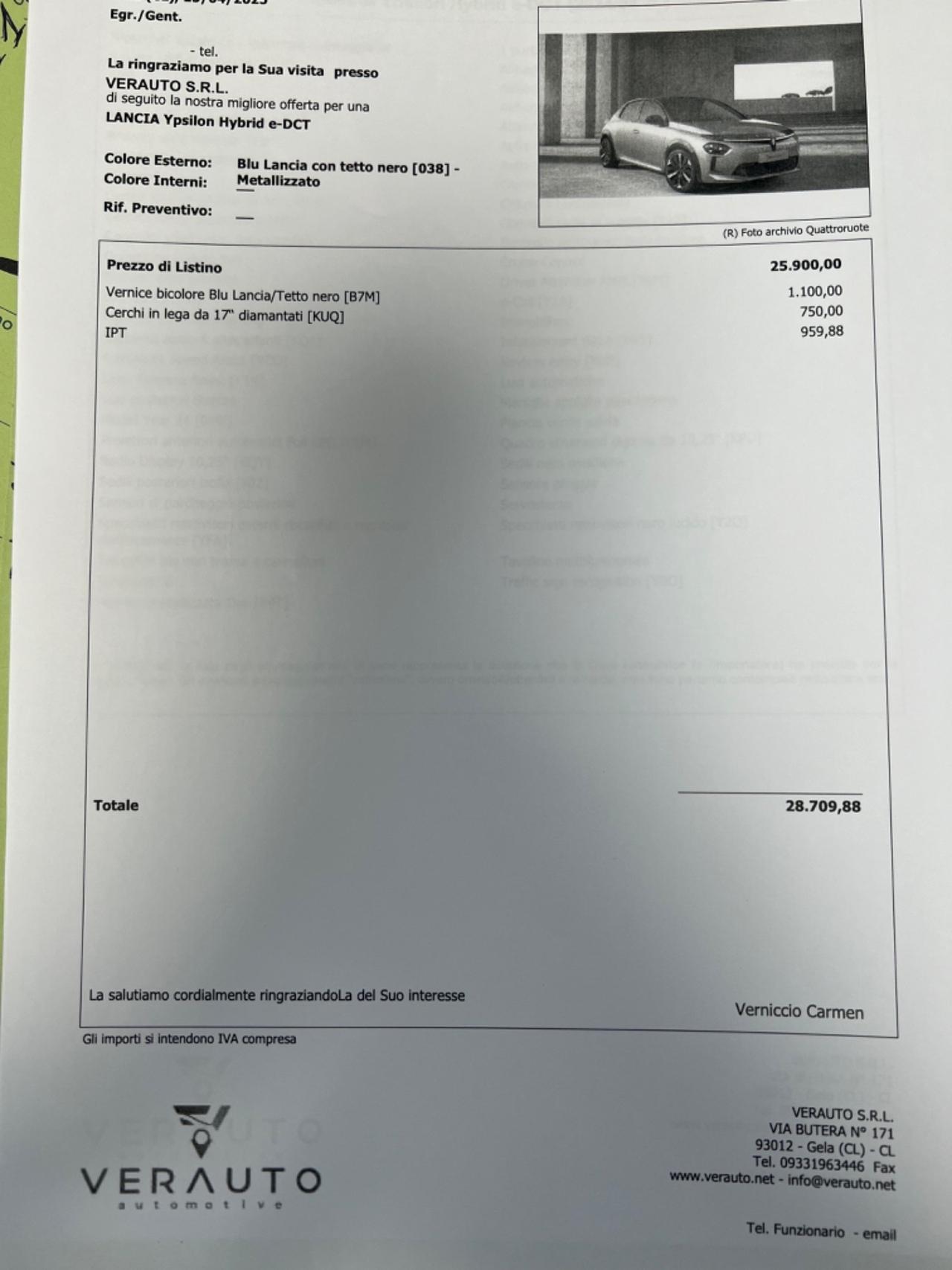 Lancia Ypsilon 1.2 mhev e-dct possibilità noleggio no scoring
