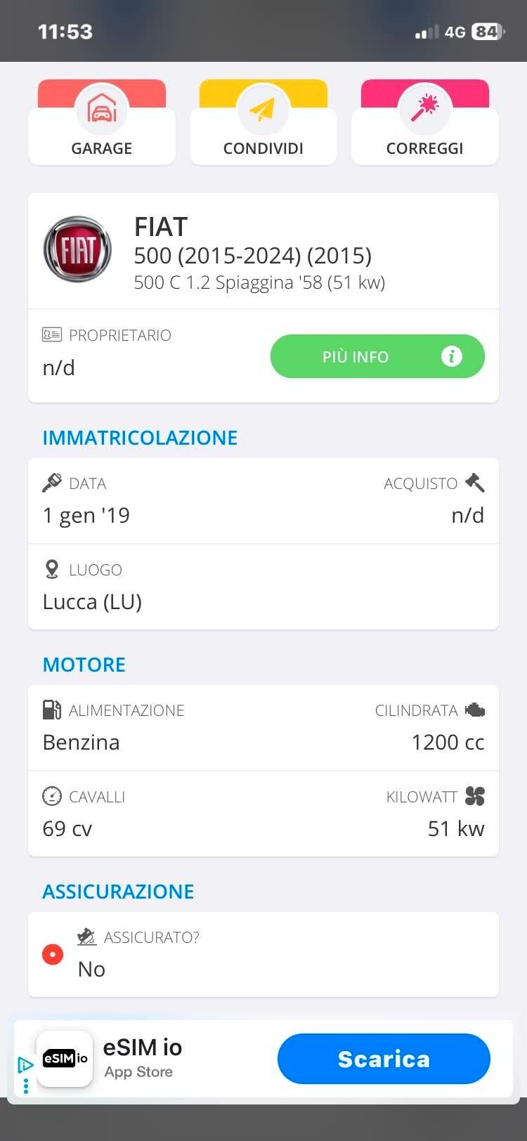 Fiat 500 1.2 km 79000 Spiaggina Nuova a Prezzo