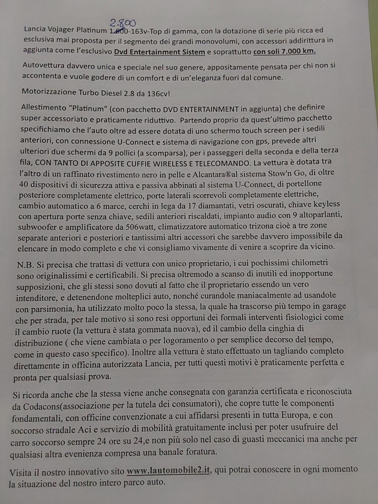 Lancia Voyager 2.8 D. 163 CV PLATINIUM PLUS KM 7.700