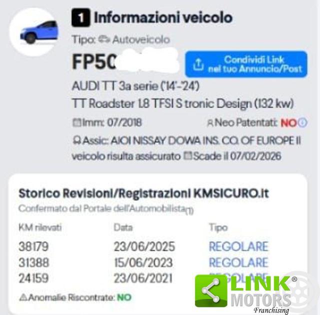 AUDI TT Coupé 1.8 TFSI S tronic Garanzia legale 02/2026