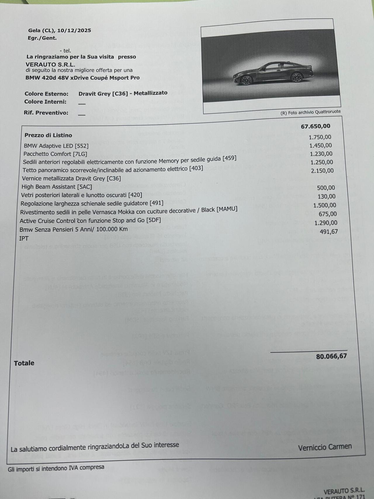 BMW 420 d xdrive MSport possibilità noleggio no scoring