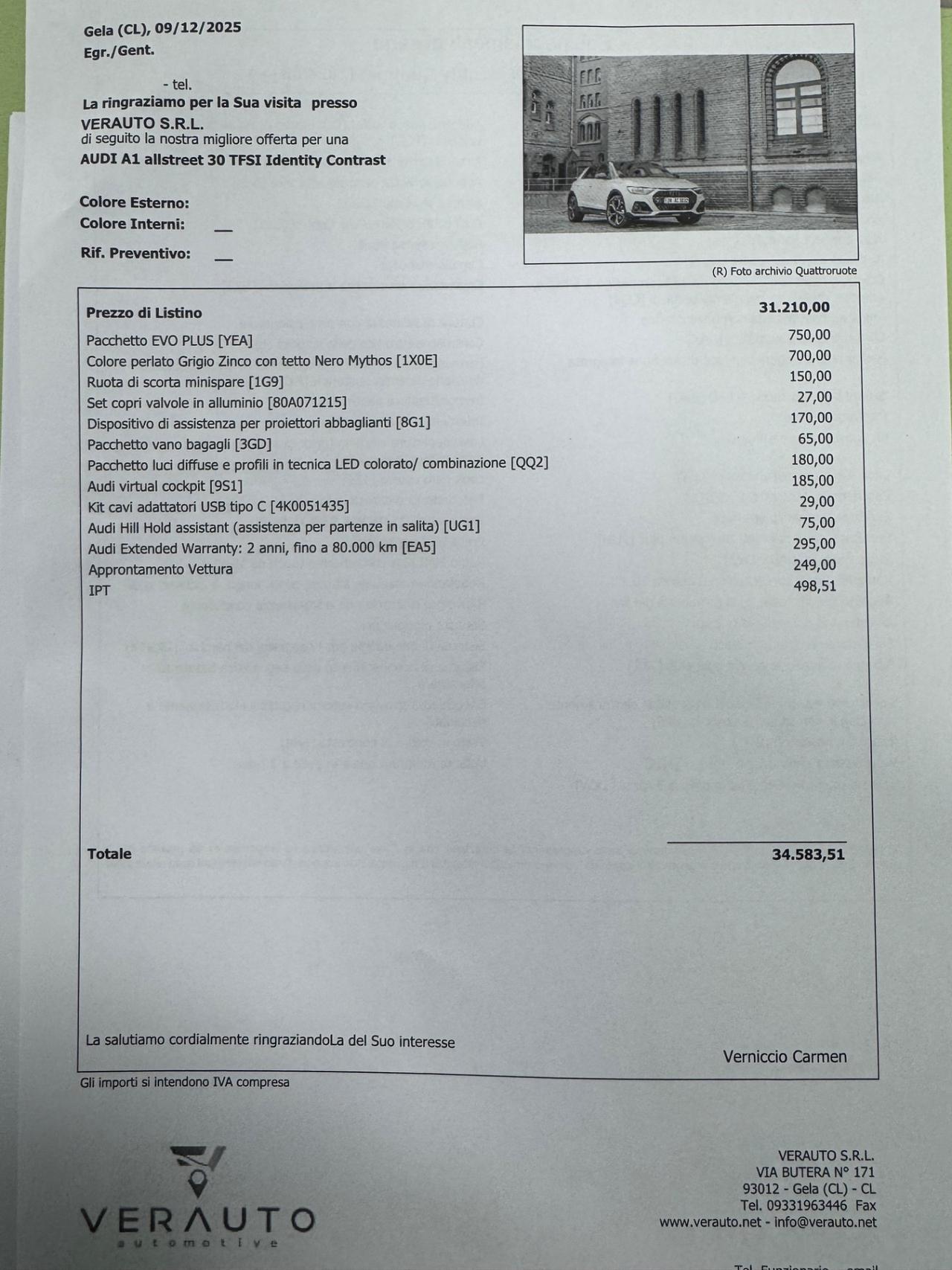 Audi A1 allstreet 30 possibilità noleggio no scoring