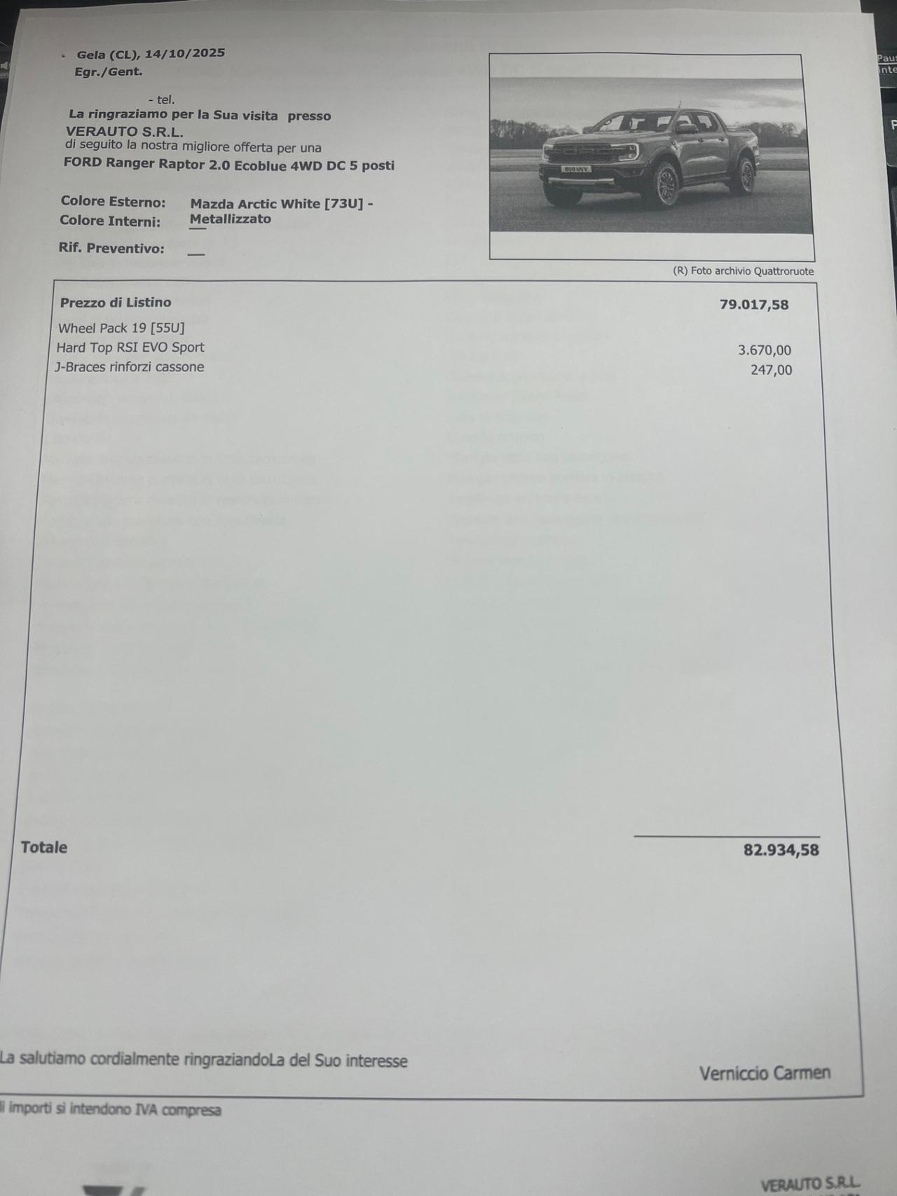 Ford Ranger Raptor 2.0 210cv possibilità noleggio no scoring