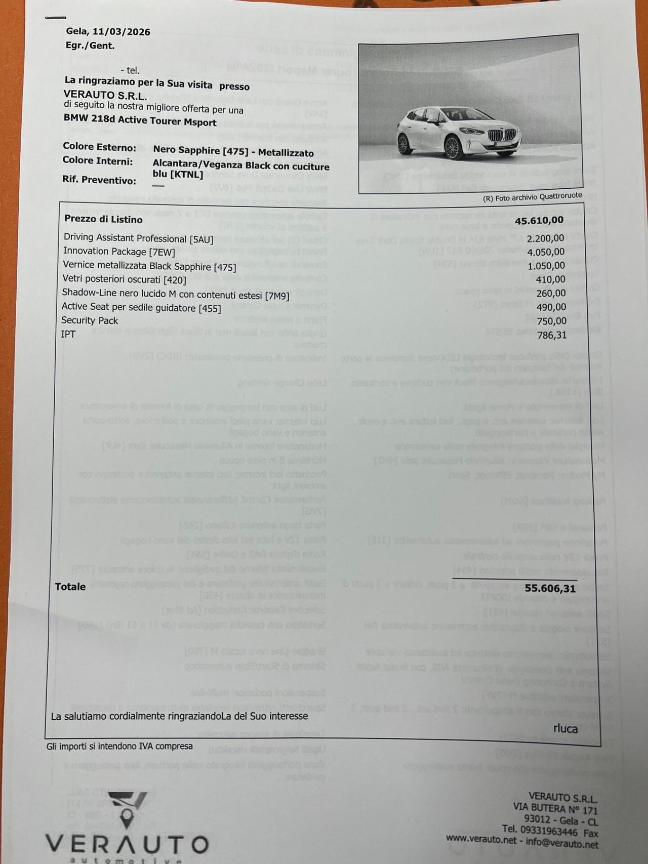 Bmw 218d Active Tourer Msport possibilità noleggio no scoring