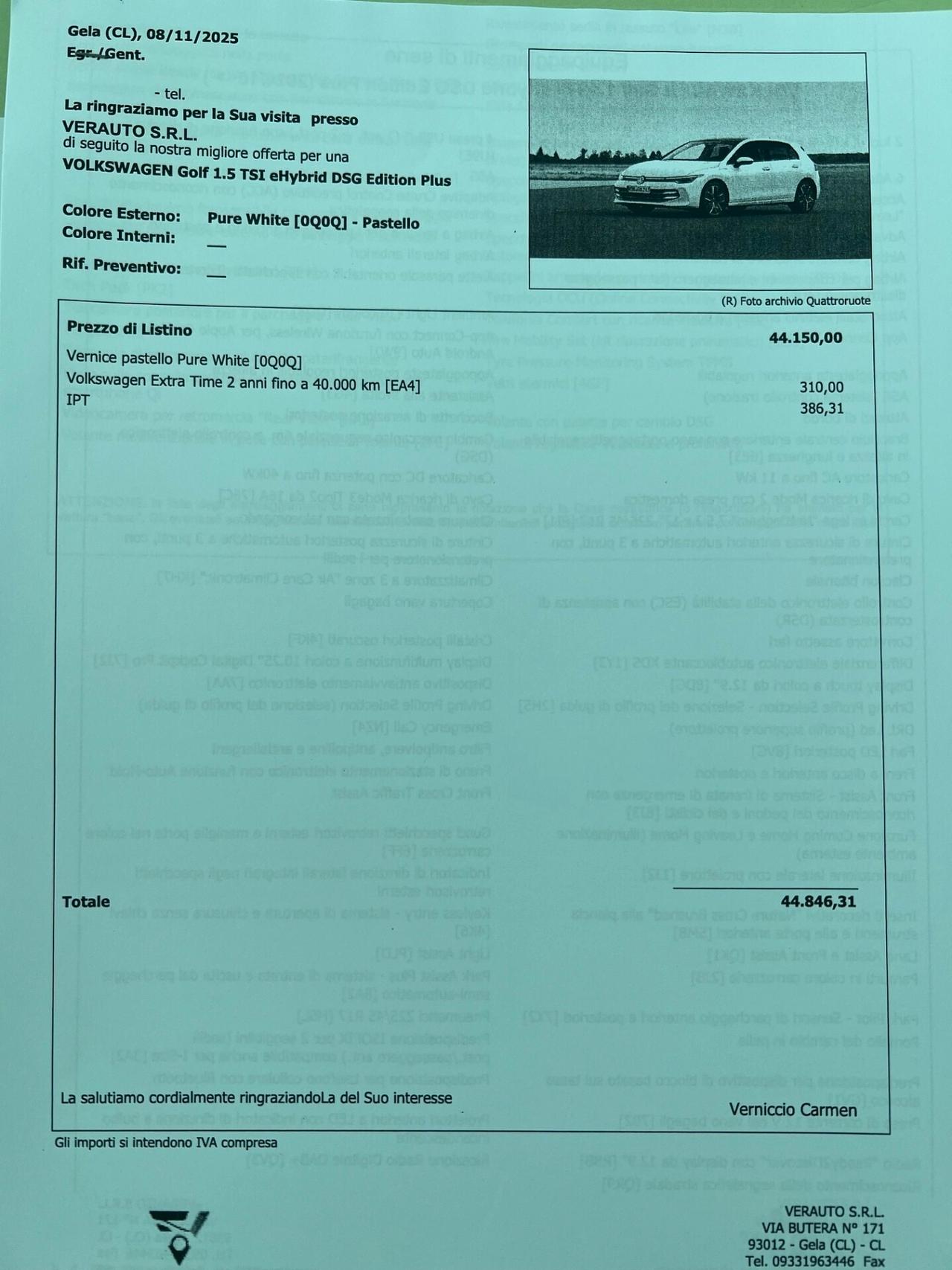 Volkswagen Golf 1.5 TSI eHybrid DSG possibilità noleggio no scoring