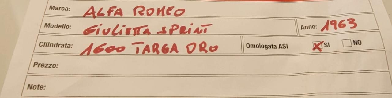 Alfa Romeo Giulietta SPRINT 1600 TARGA ORO