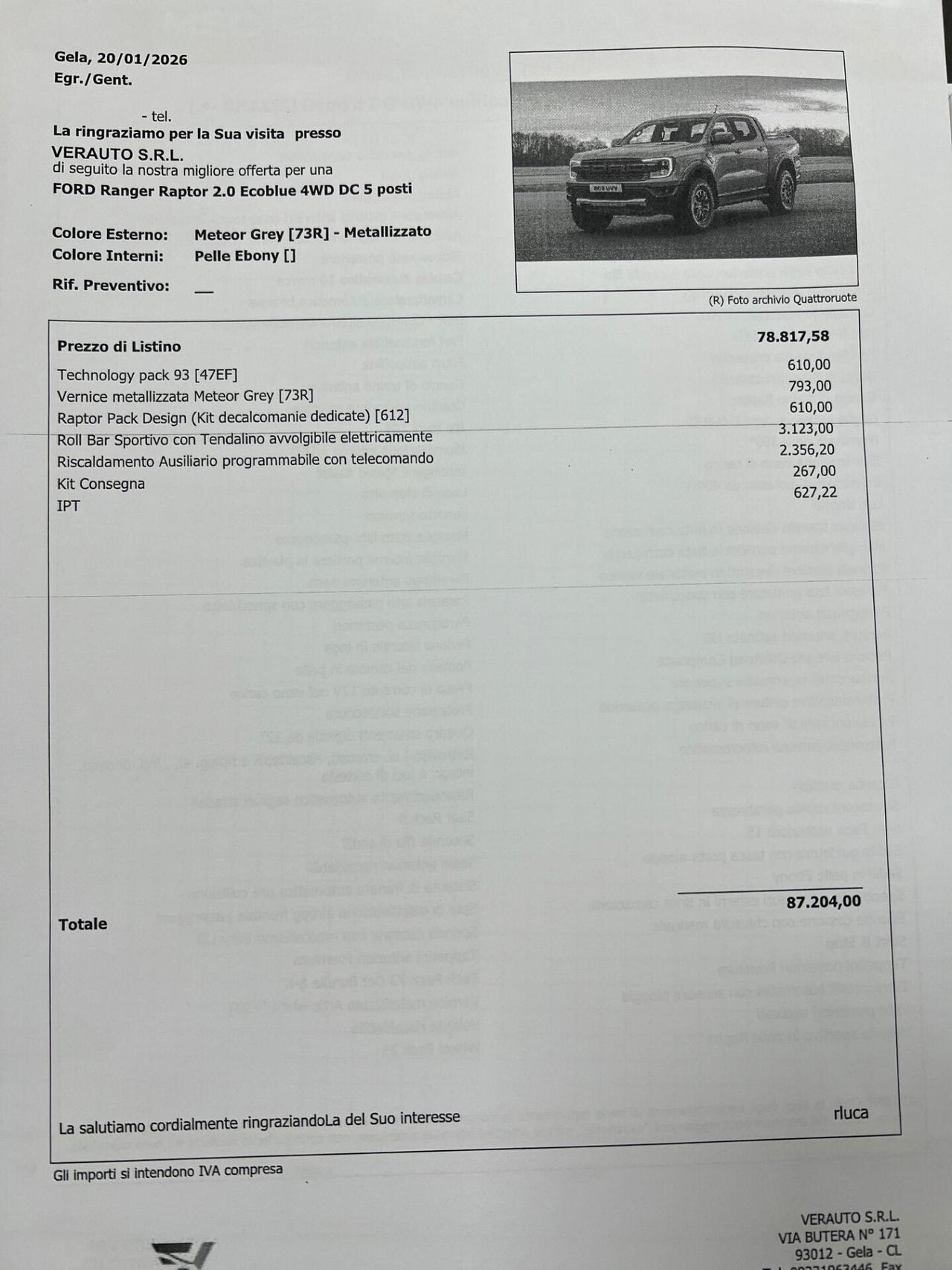 Ford Ranger Raptor 2.0 Ecoblue 4WD DC 5 posti possibilità noleggio no scoring