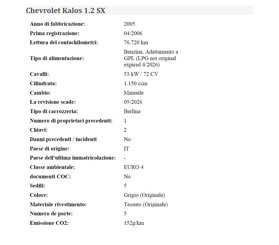 Chevrolet Kalos 1.2 5 porte SX GPL BRC UNICO PROPRIETARIO