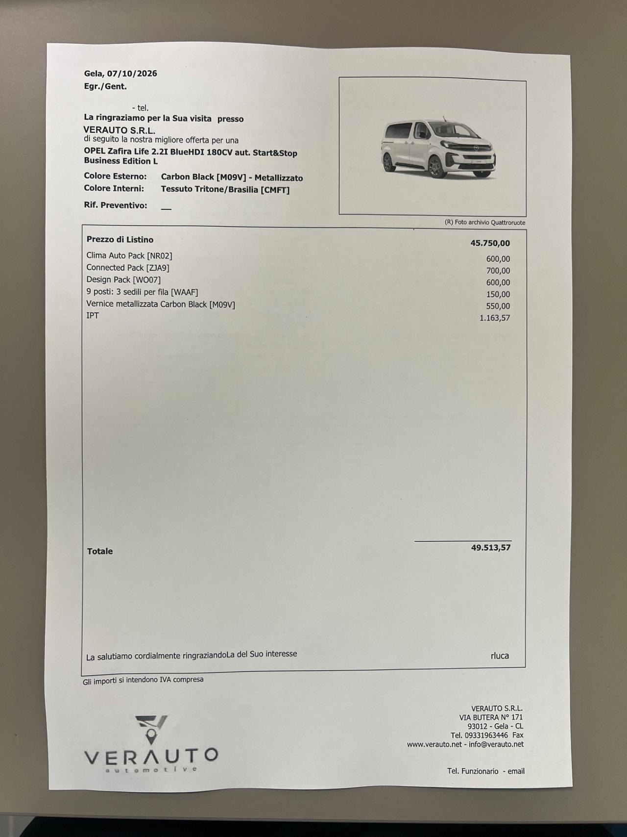 Opel Zafira Life 2.2I BlueHDI 180CV aut. Business Edition L - possibilità noleggio no scoring