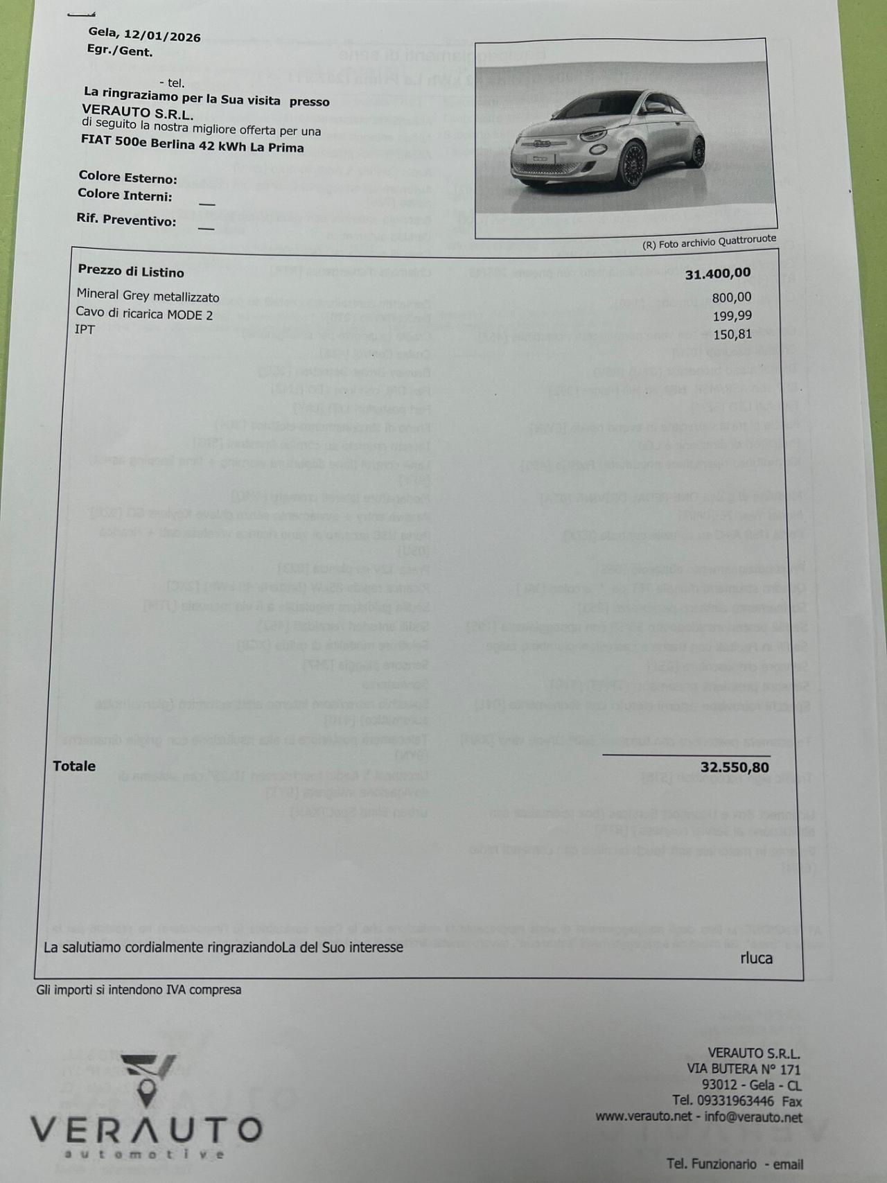 Fiat 500e Berlina 42 kWh La Prima possibilità noleggio no scoring